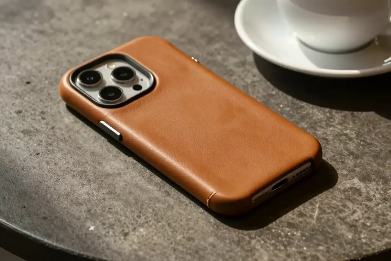 a phone in a tan leather case on a cafe table / 咖啡桌上的植鞣革手機殼